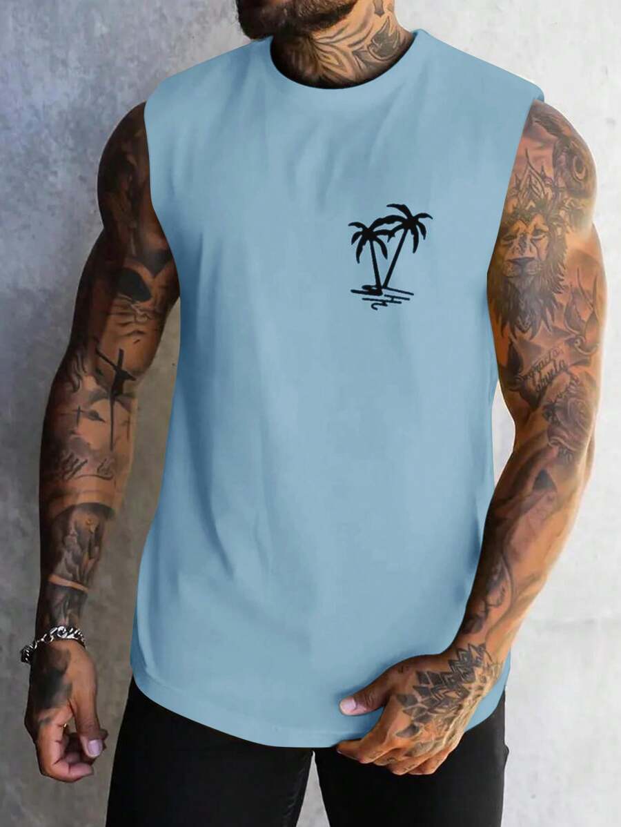 Manfinity RSRT Camiseta de tirantes cuello redondo casual con estampado de plantas, minimalista, para uso diario para hombres