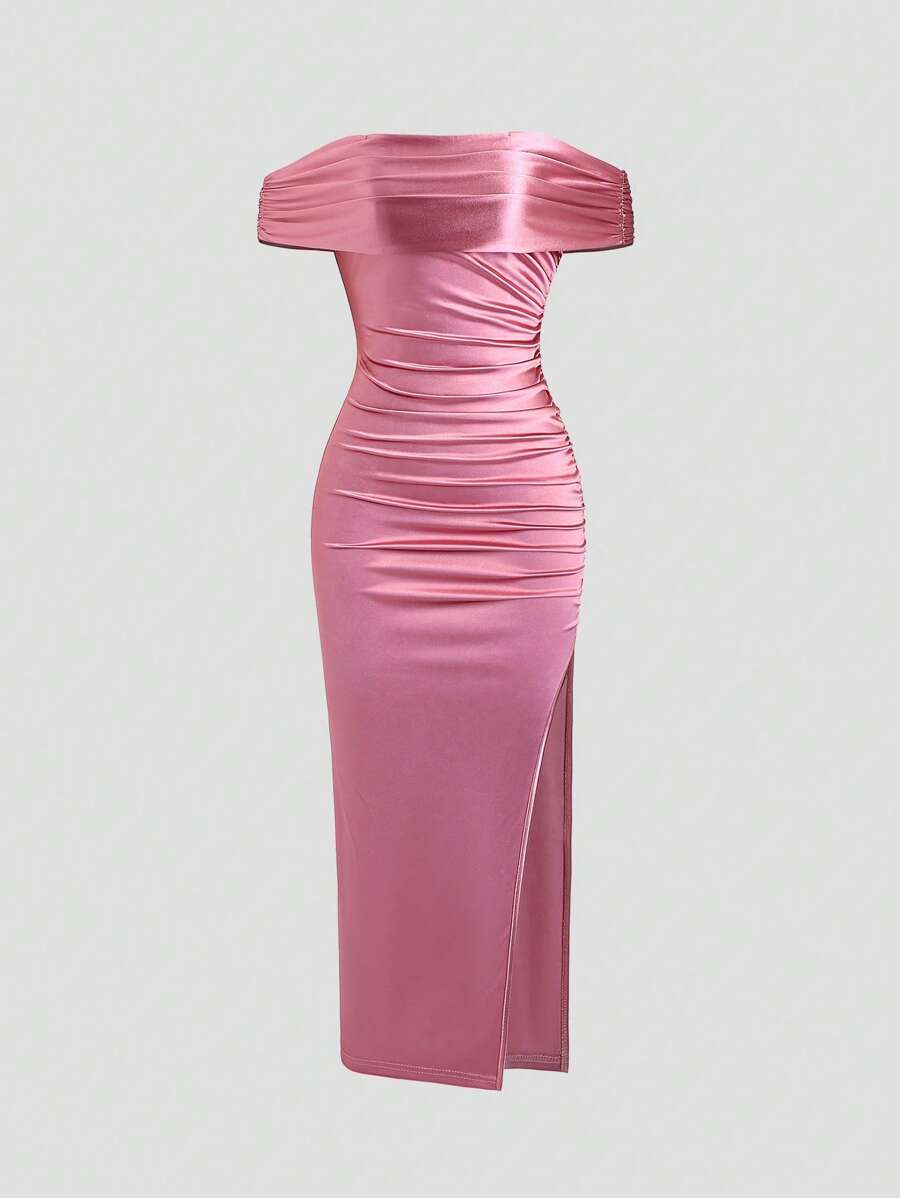 Minimalist Sexy Style Off-Shoulder Ruched Waist Bodycon Dress, Sexy For Women, Spring