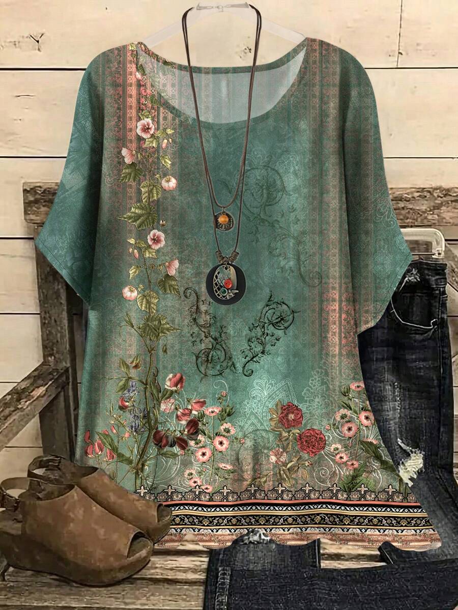 EMERY ROSE Plus Size Casual Floral Print Loose Fitting Round Neck Short Sleeve Shirt, Suitable For Summer