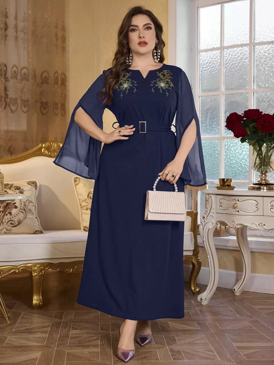 Modelyn Vestito taglie forti con scollo a V, in chiffon e maglia, patchwork, ricamato, a campana, con laccio in vita, elegante e snellente