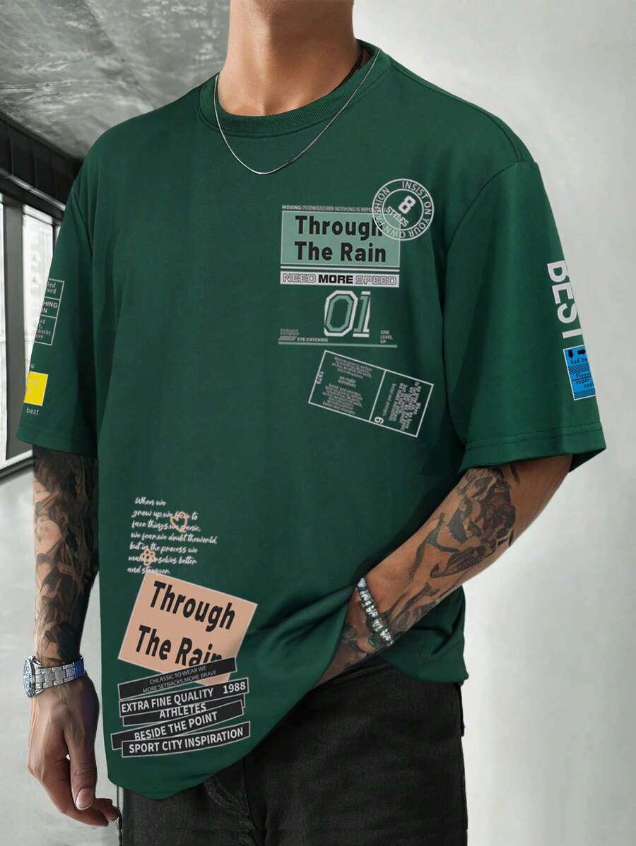 Manfinity EMRG Camiseta de manga corta holgada para hombre con gráfico de eslogan y hombros caídos
