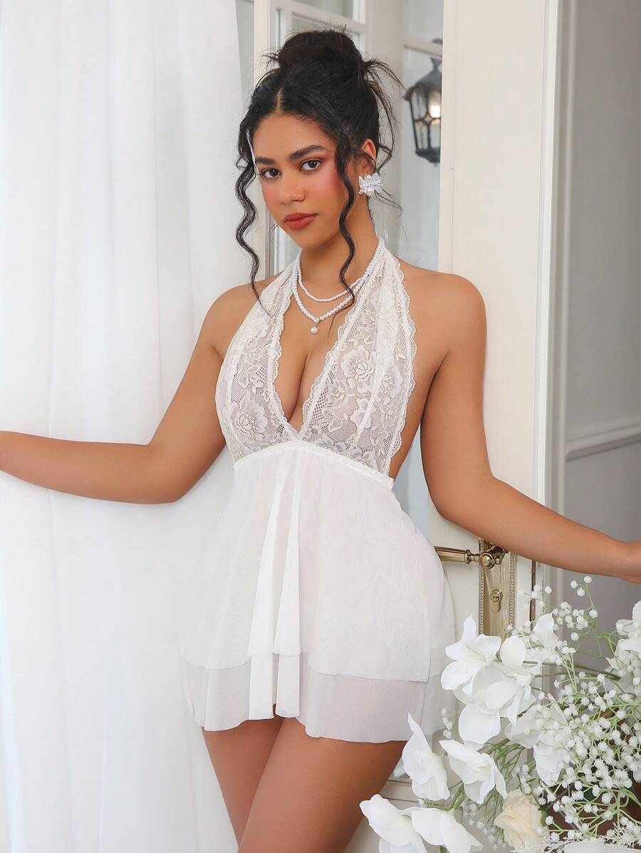 Set de 2 piezas Lencería sexy de encaje y malla con sostén sin aros para mujer, para boda