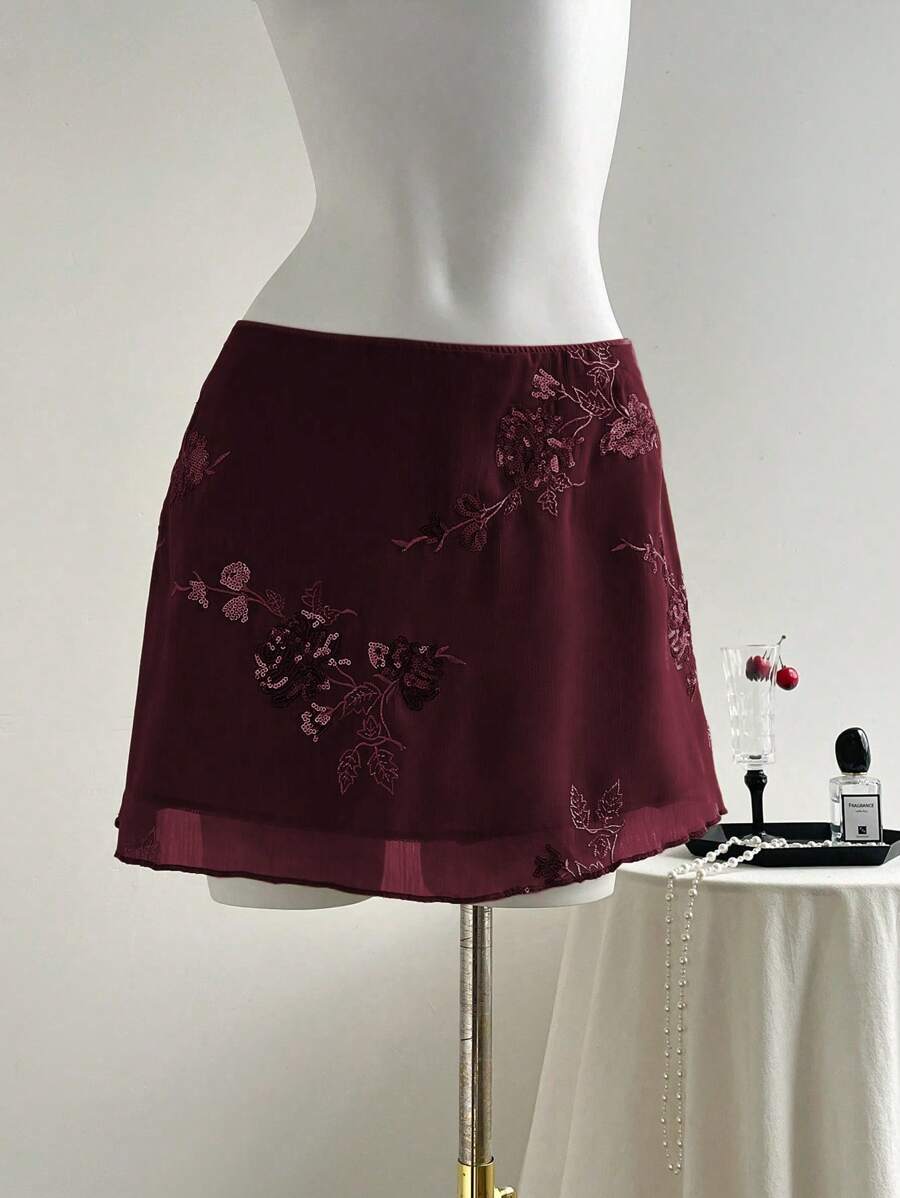 Elamini New Chinese-Style Sexy Sheer Embroidered Green Short A-Line Skirt For Women