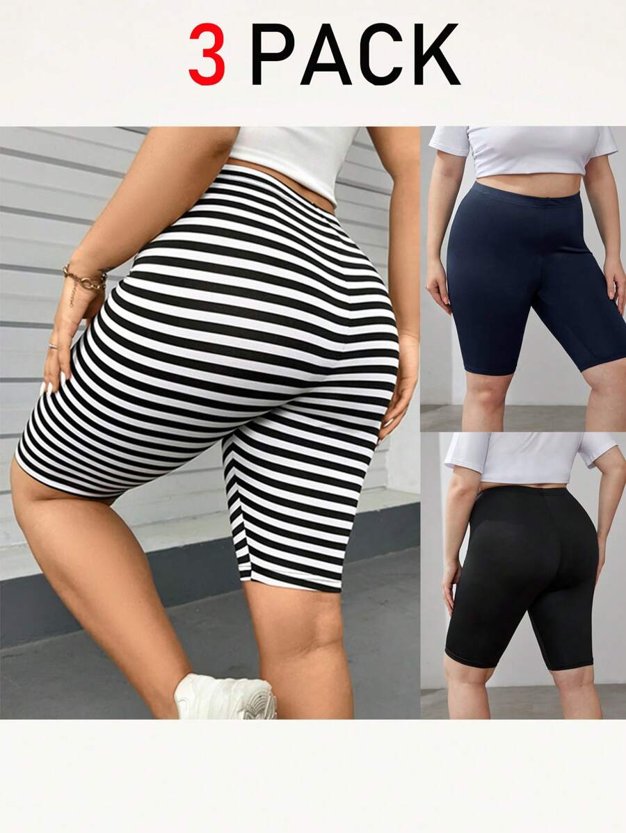 SHEIN Essnce Plus Size Dames Lente En Zomer Mode Casual Sport Comfortabel Basic Hoge Elastische Dagelijkse Veelzijdige Multi-Kleur Korte Leggings 3 Packs, Zomeroutfits Voor Vrouwen, Vrouwen Kort