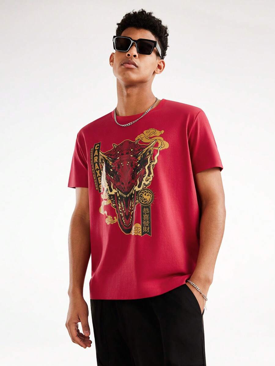 HOUSE OF THE DRAGON X SHEIN Camiseta de manga corta para hombre con estampado de letra y gráfico