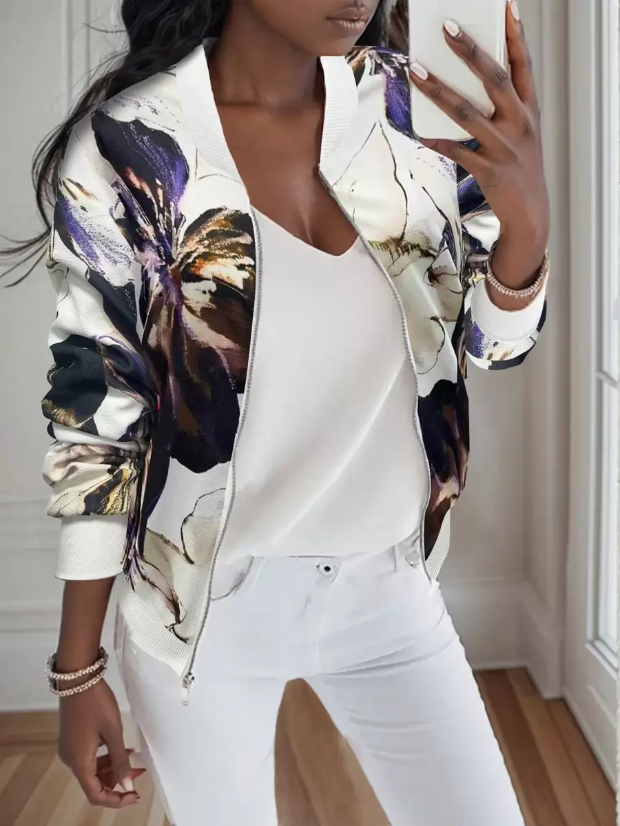 SHEIN LUNE Giacca casual da baseball con stampa floreale, manica lunga e chiusura lampo davanti per donna