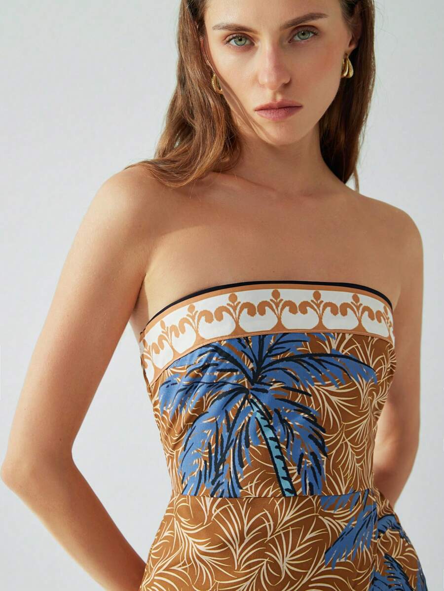 Aveloria Modichic Elegant Vacation Coconut Tree Print Bustier Faux Wrap Style Cinched Waist Women Short Dress