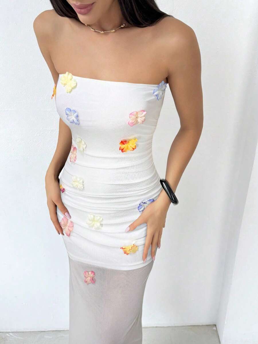 Firerie Sukienka bandeau wiosenno-letnia bez ramiączek, nowa, elegancka, romantyczna, na randkę, na wakacje, z marszczeniami w talii, kolorowa, 3D, ręcznie robiona, z siateczki kwiatowej, w kolorze białym, odpowiednia na sezon ślubny walentynek