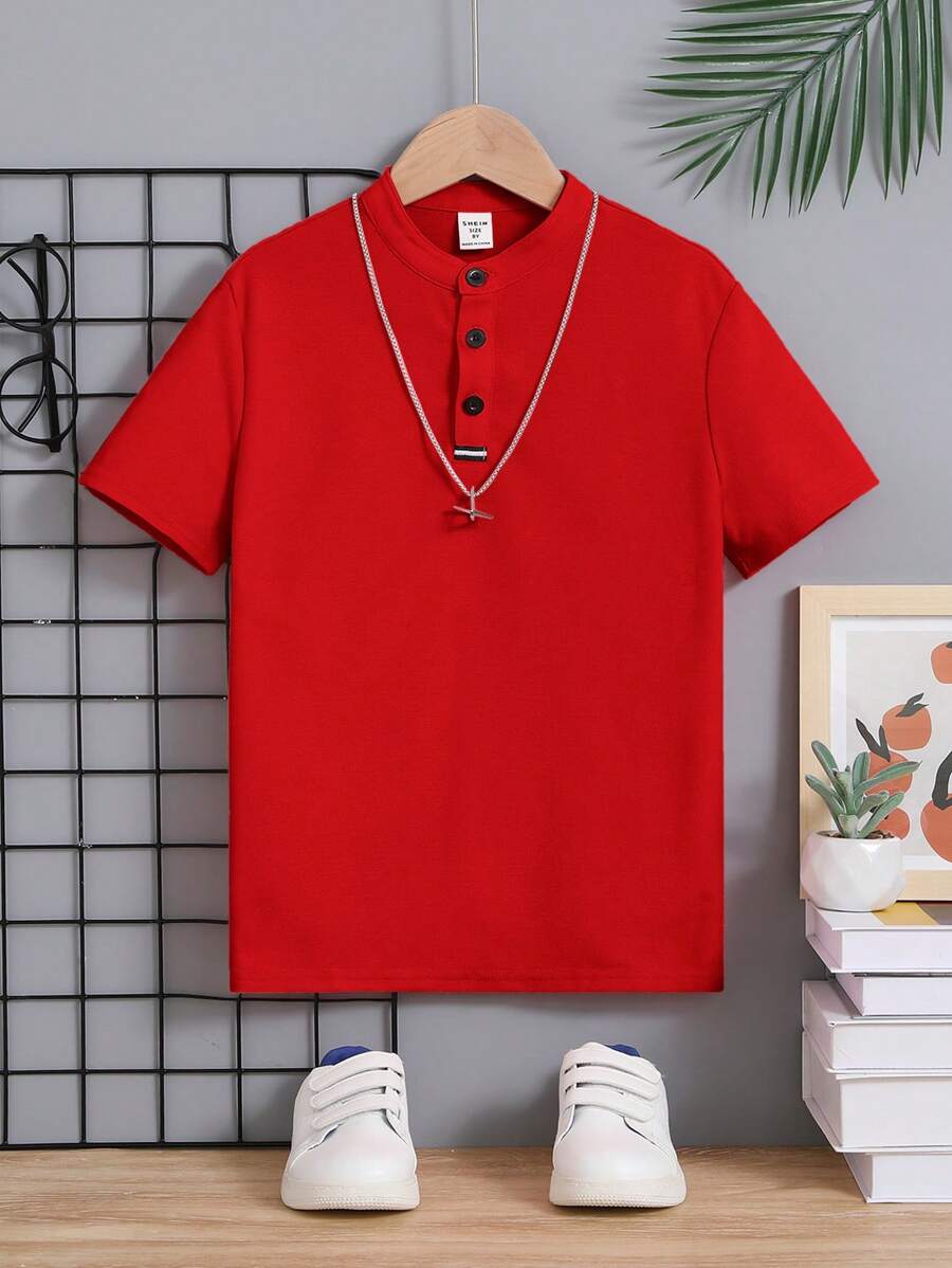 SHEIN Camiseta Polo De Manga Corta Y Color Sólido Cómoda Para Niño Intermedio, Ideal Para Uso Informal