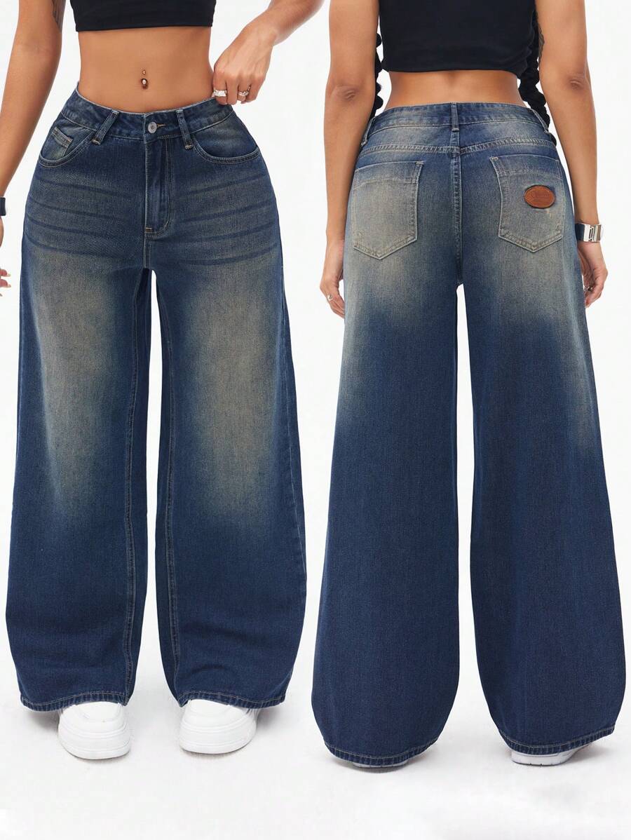 SHEIN ICON Jeans de pierna ancha y lavado vintage para mujer