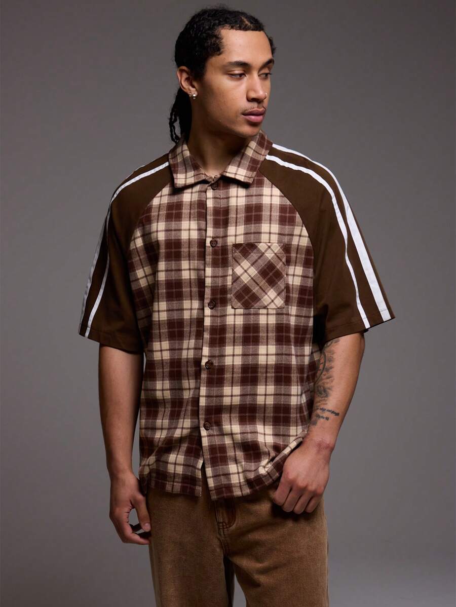 Musero Checkered Short Sleeve Contrast Oversized Stripe Sleeve Shirt