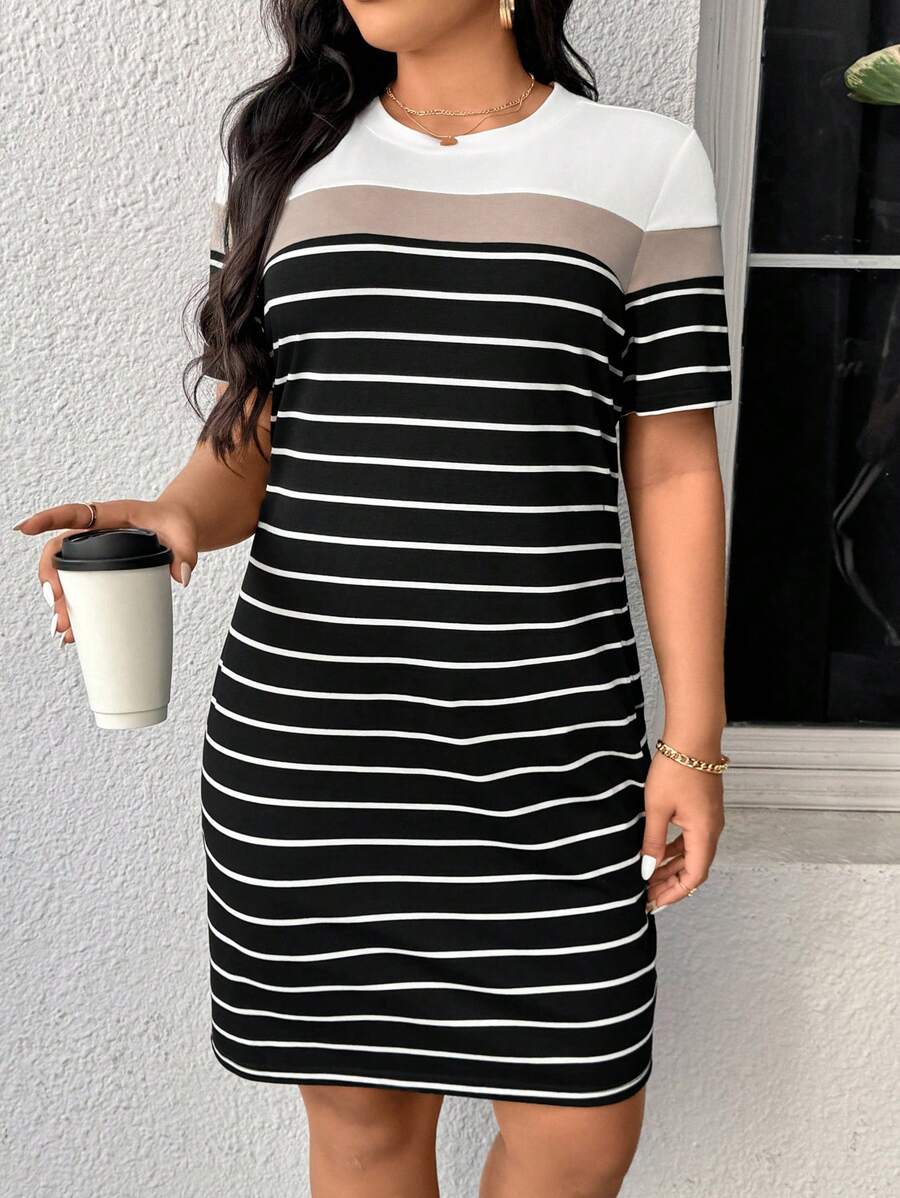 SHEIN LUNE Vestido casual de rayas para mujer, sencillo y elegante, adecuado para outfits de verano y primavera, ropa de verano, ropa de Semana Santa, vestimenta occidental, ropa de verano, ropa de mujer, ropa de vacaciones