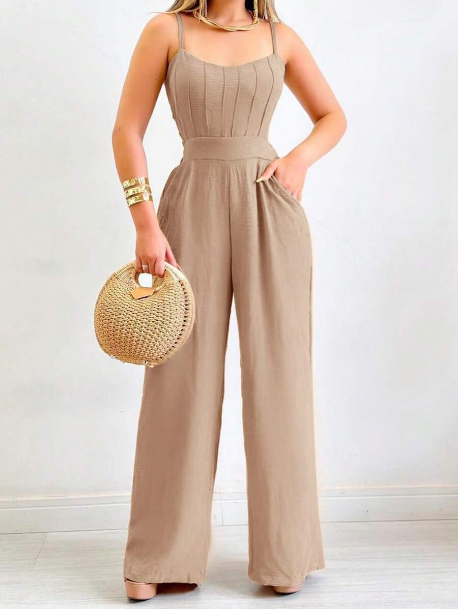 RosyDaze Women's Fashion Solid Color Waist-Cinching Sleeveless Jumpsuit