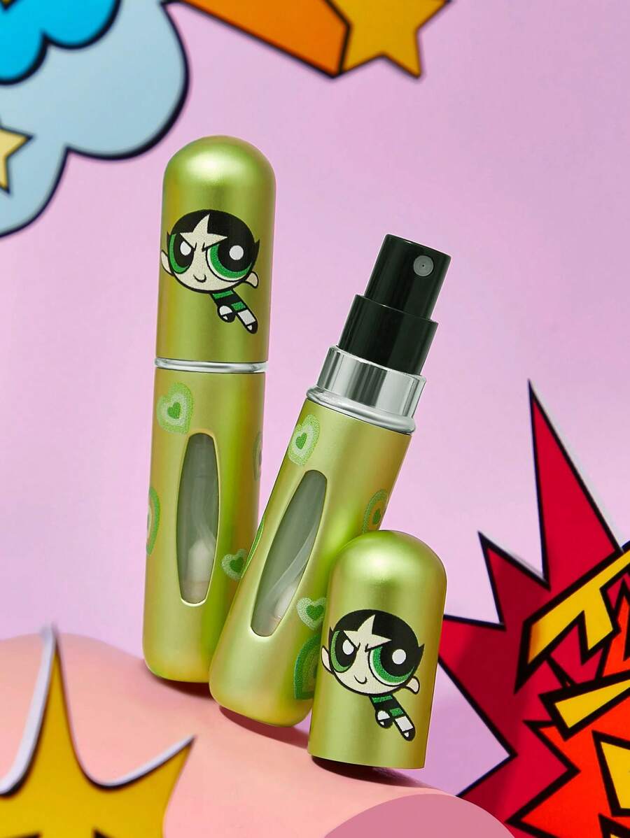 THE POWERPUFF GIRLS X SHEIN 1pc 5ml/0.2oz Cartoon Pattern Printing Spray Bottle, Bottom Fillable For Liquids, Can Be Used To Hold Perfume, Skincare Water, And Other Liquid Products, Compact Body For Easy Portability, Buttercup,Heart,Friendship