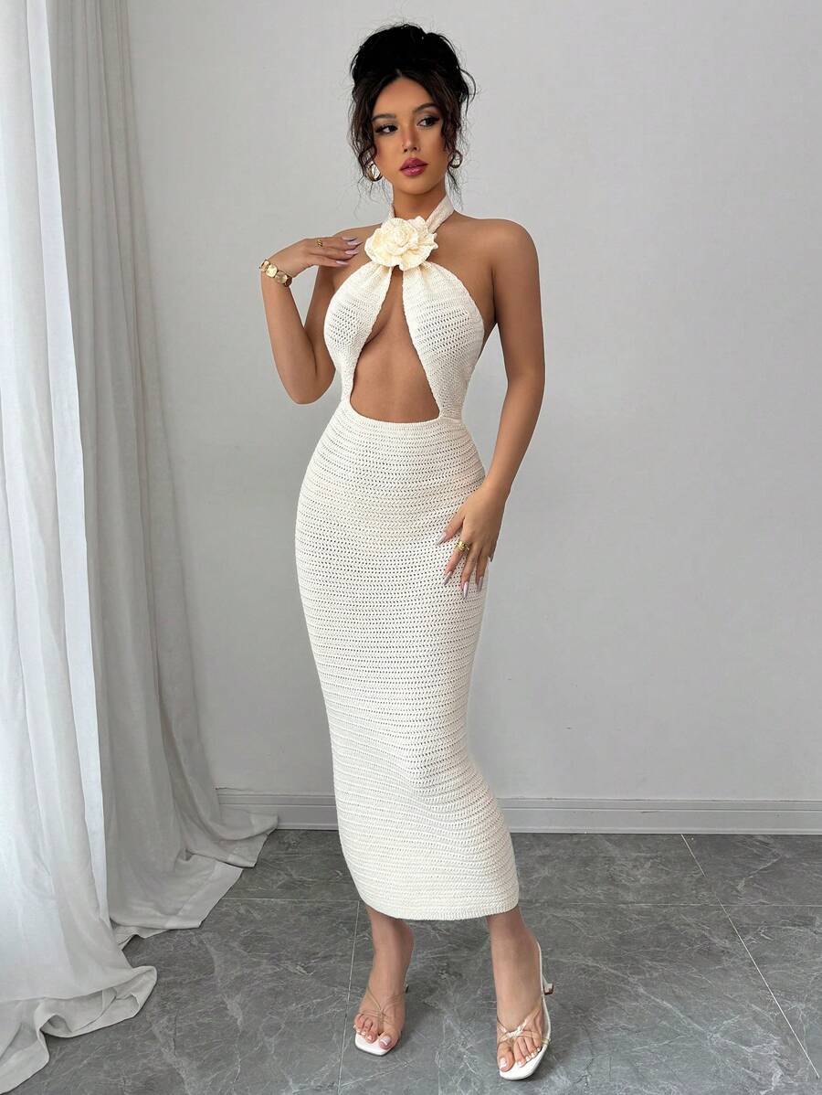 Calvaya Robe tricotée élégante et sexy avec décoration florale 3D, dos nu, encolure en V