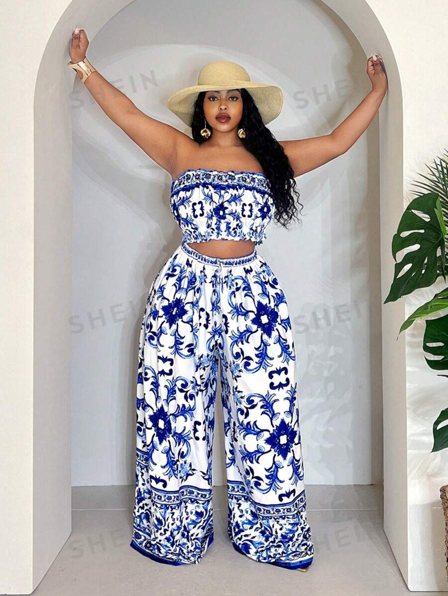 Slaydiva Conjunto de top de tirantes con volantes y pantalón de pierna ancha con cintura tipo paperbag para mujer de talla grande