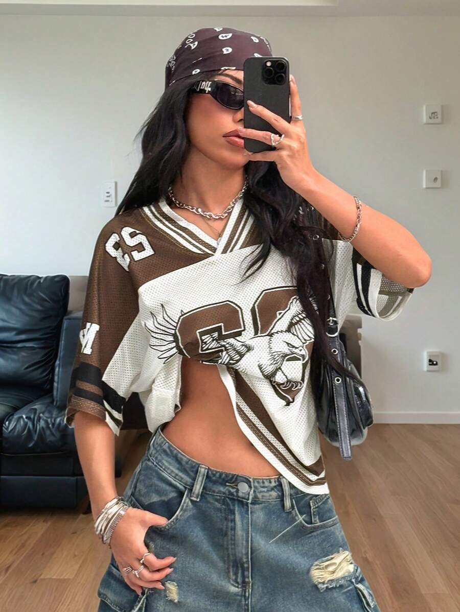 Coolane Women's Spring And Summer Y2K Streetwear Vintage Breathable Mesh Graphics Number Pattern Football Jersey T-Shirt