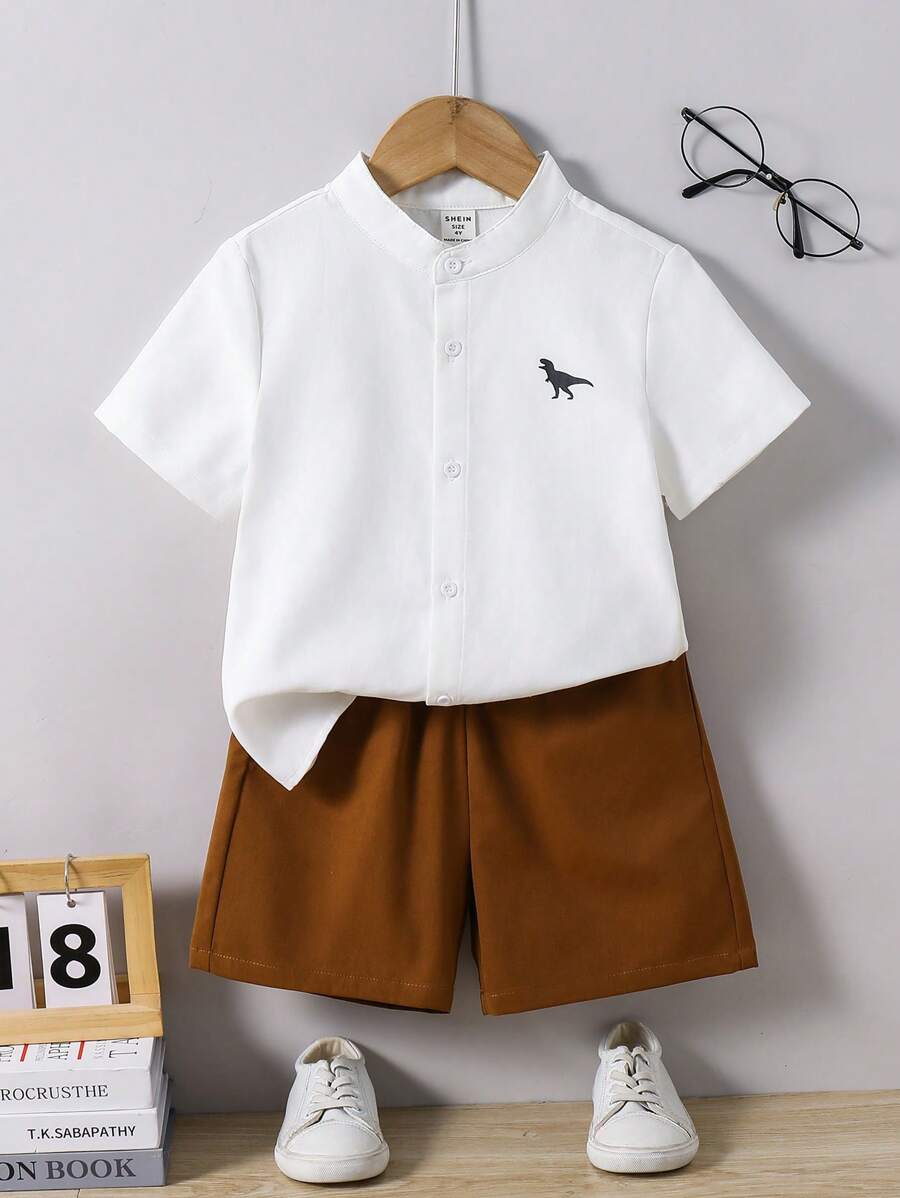 SHEIN 2pcs/Set Boy's Casual Dinosaur Print Short Sleeve Shirt And Shorts Set, Summer