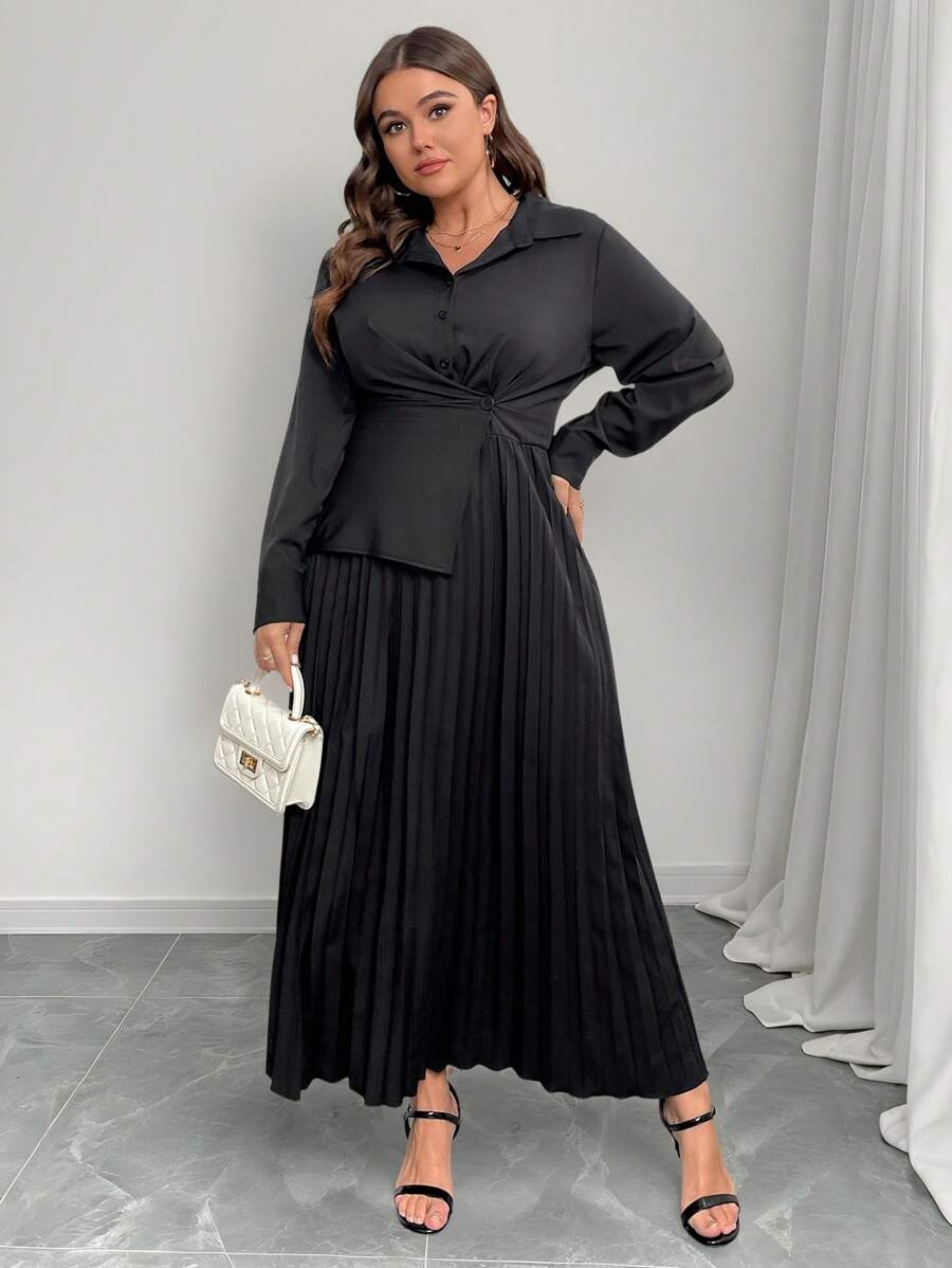 Celure Plus Size Zwarte Gerimpelde Taille Uitlopende Zoom Shirtjurk