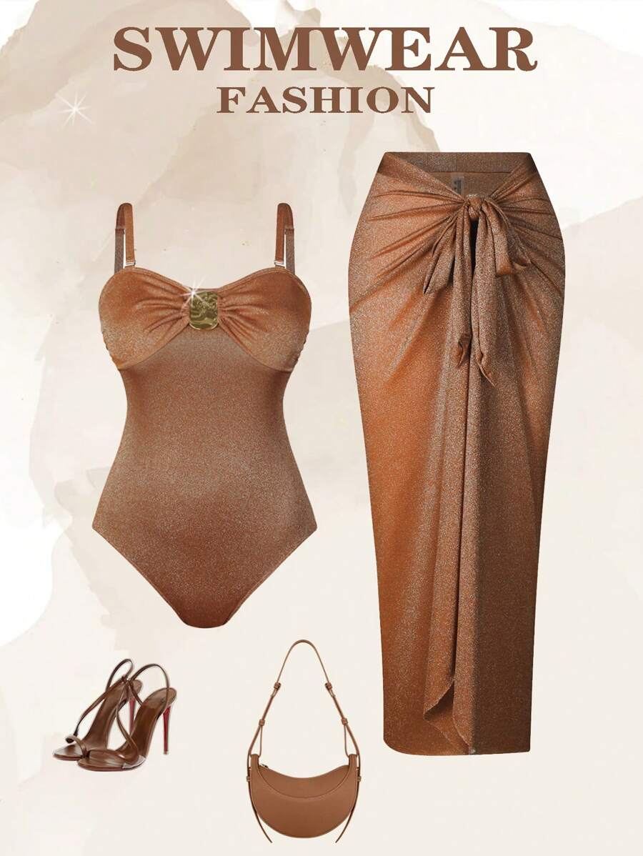 Swim Oasis Plus Size Women's Solid Color 2pcs Elegant Glittered One-Piece Swimsuit With Adjustable Strap + Glittered Waist Belt Cover Up Skirt, For Summer Beach Vacation