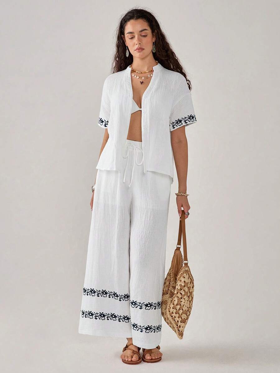 Florisole Conjunto de 2 piezas para mujer: pantalón recto holgado de vacaciones con cuello en V elegante y estampado de bordado floral