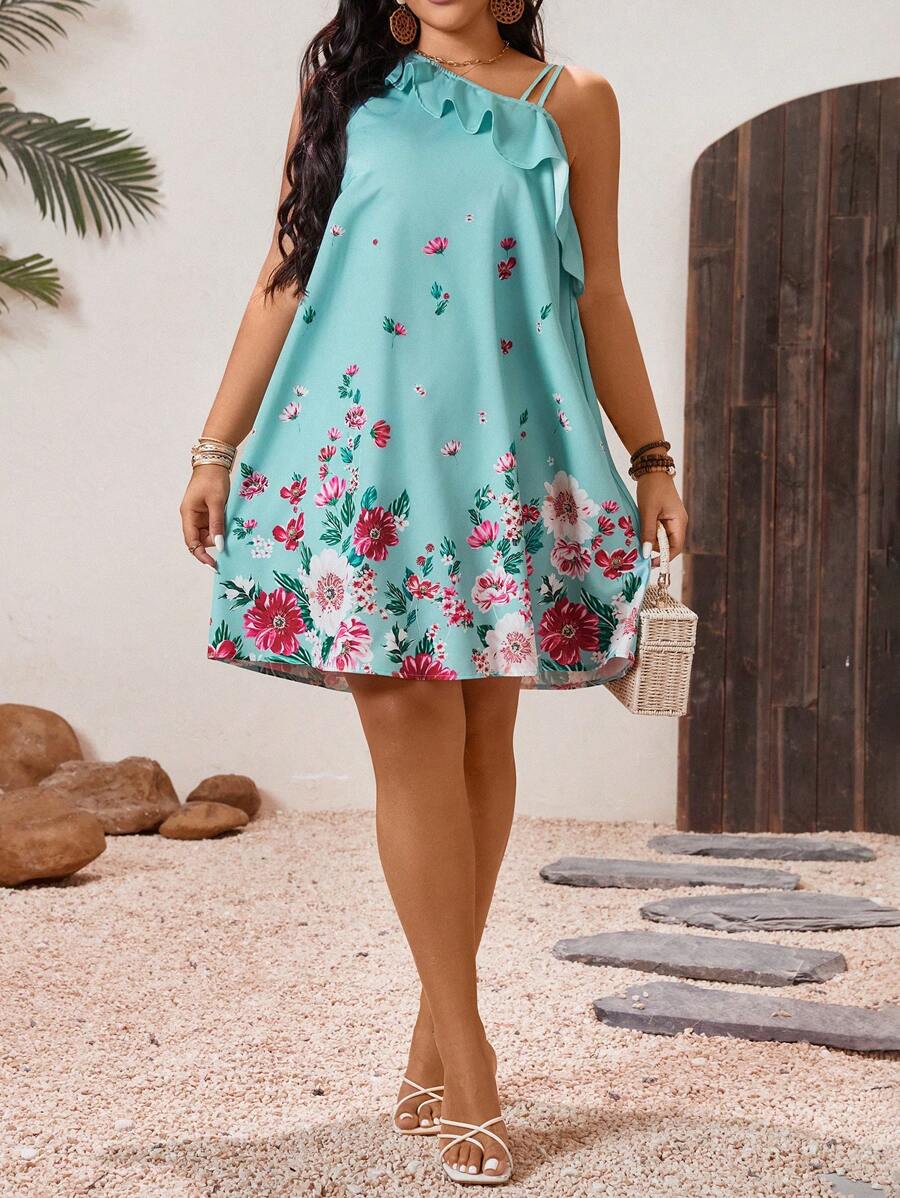 Breezaya Vestito corto da donna con linea A, con una spalla asimmetrica e fantasie floreali, orlo con volant, elegante e snellente, adatto per outfit estivi, San Patrizio, festival, vacanze di primavera, stile boho