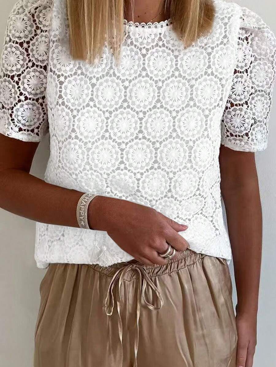 Breezaya Women's Summer Water-Soluble Embroidered Round Neck Short-Sleeved Shirt (Random Pattern Cutting)