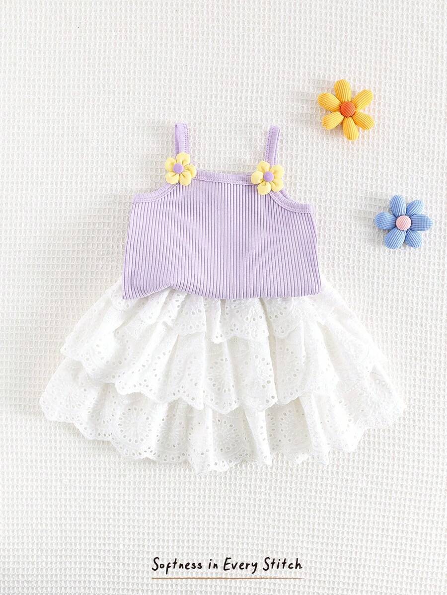 Cozy Pixies 2pcs/Set Baby Girl 3D Flower Knit Soft Camisole Top And Mesh Skirt Set