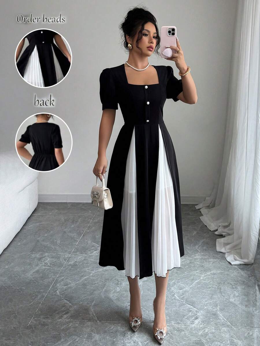 Elenzga Elegant Commuting Colorblock Pleated Patchwork Dress