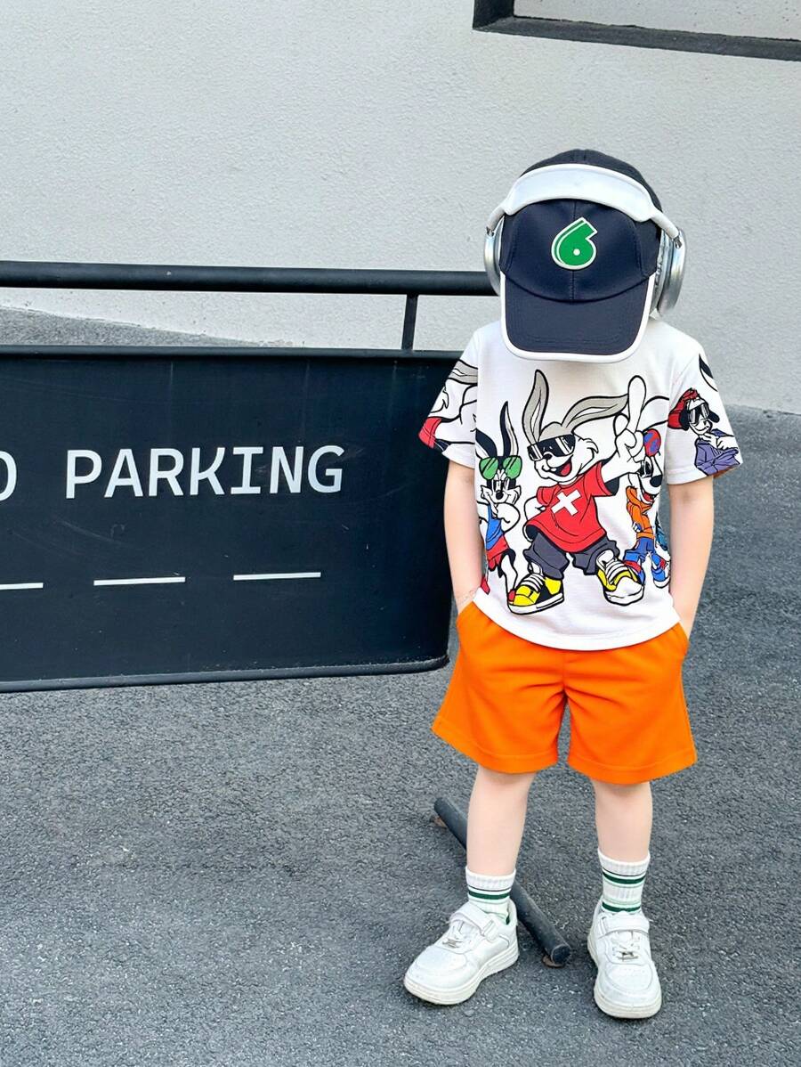 2 paquets Ensemble t-shirt à manches courtes et short imprimé lapin mignon pour jeunes garçons. Décontracté, confortable, mode, simple et pratique. Doux et confortable.