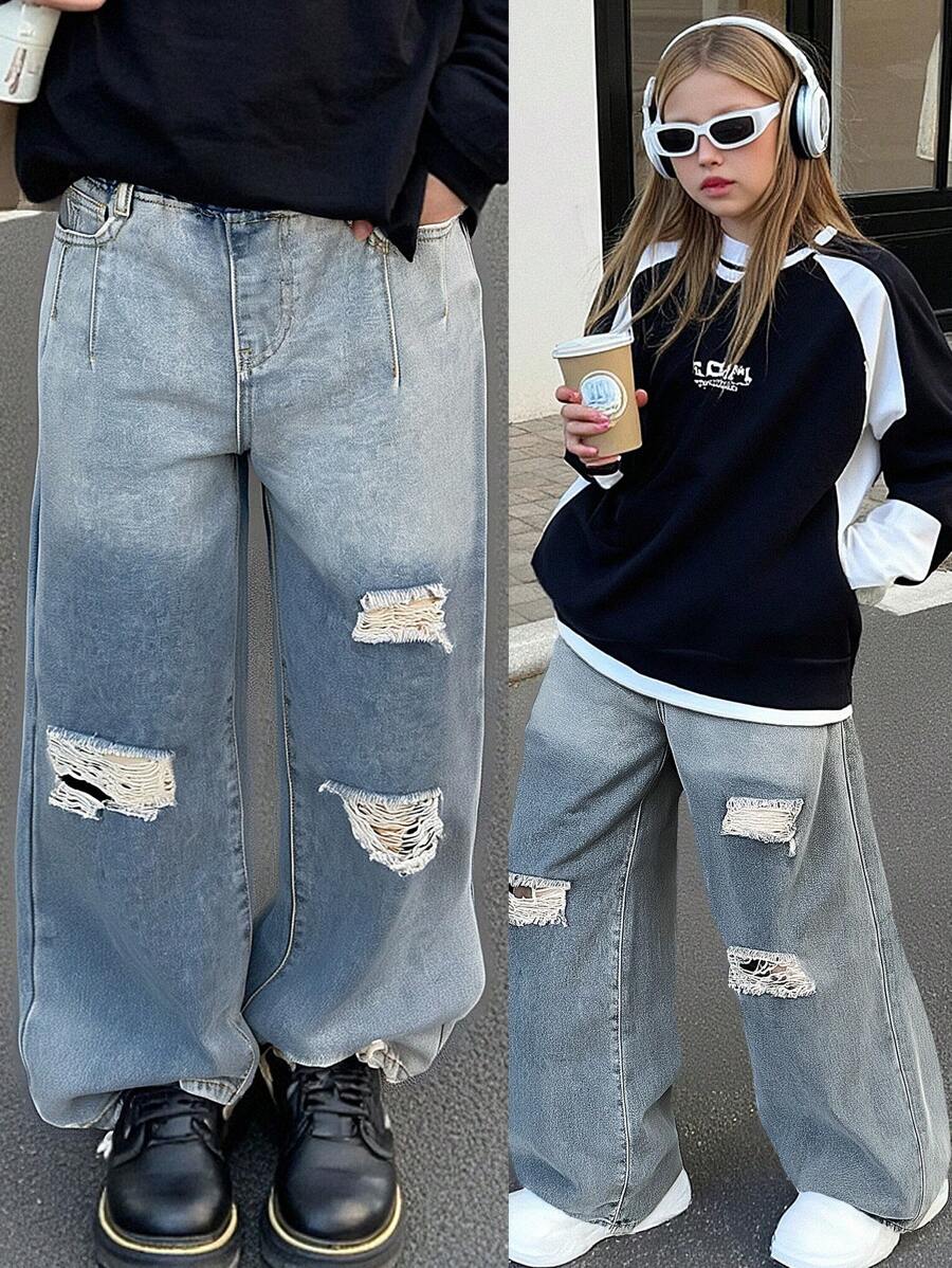 Denimly Girls Casual Simple Fashion College Style Jeans, Elastic Waist Relaxed Fit Ombre Washed Straight Leg Denim Pants