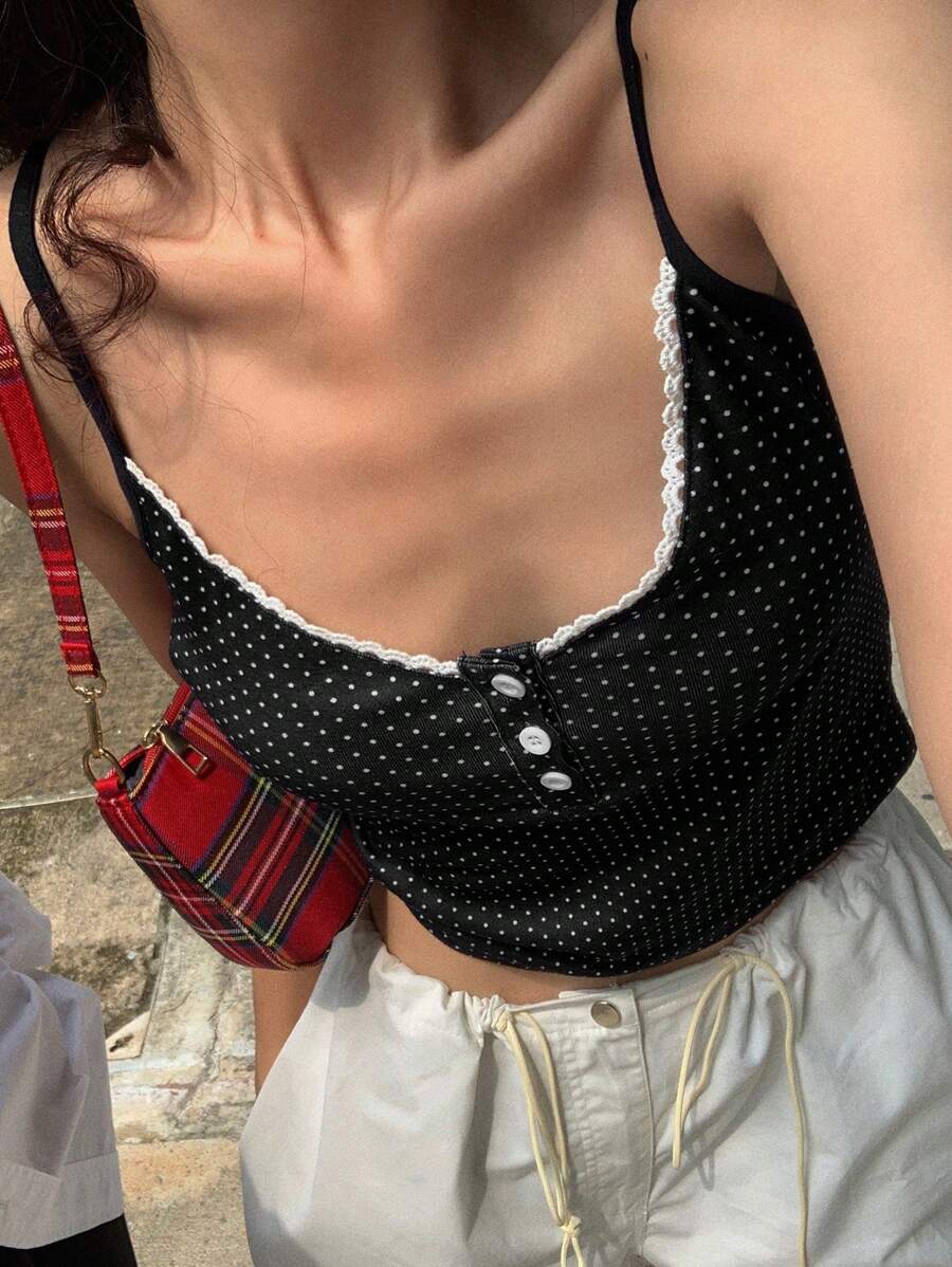 DAZY Lace Patchwork Polka Dot Print V-Neck Women Camisole Tank Top
