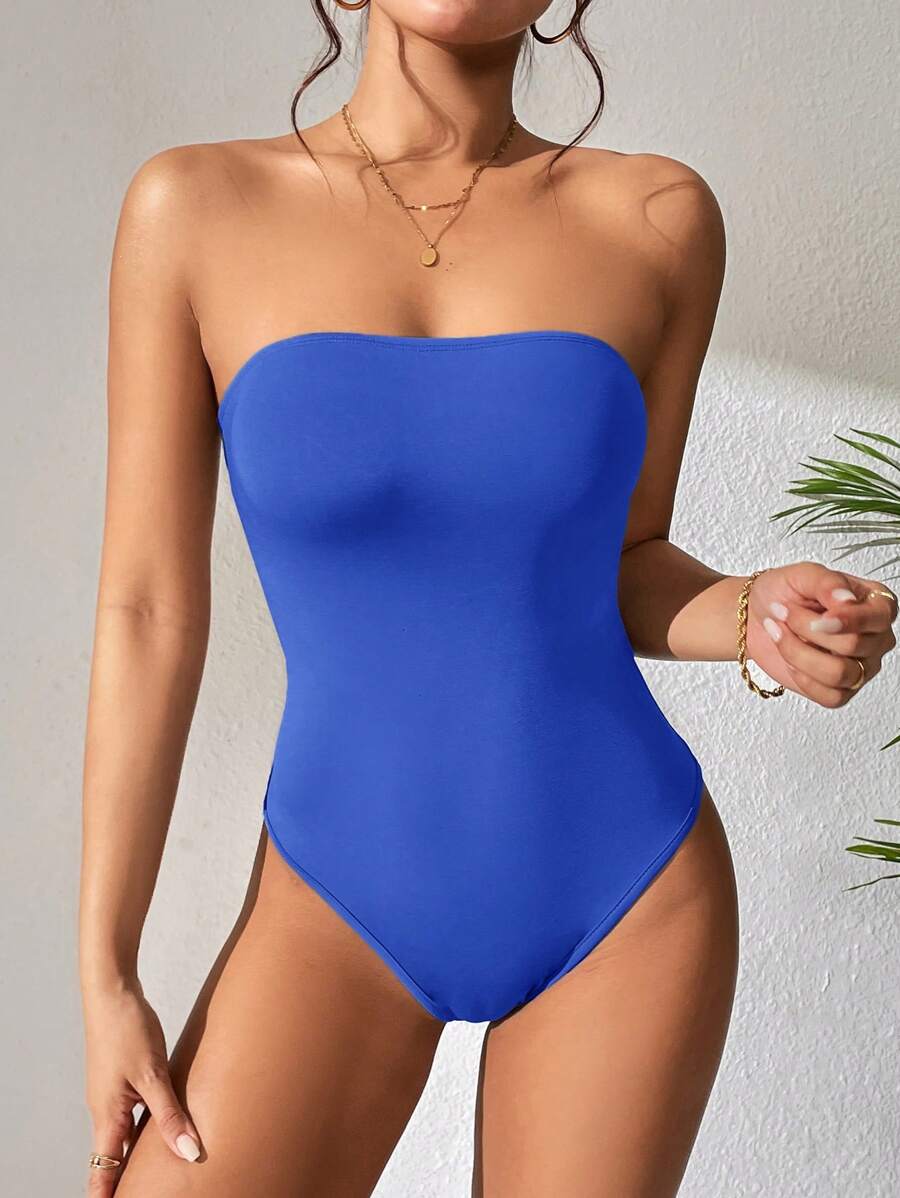 SHEIN PETITE Solid Color Tube Bodysuit For Summer, Stylish & Casual