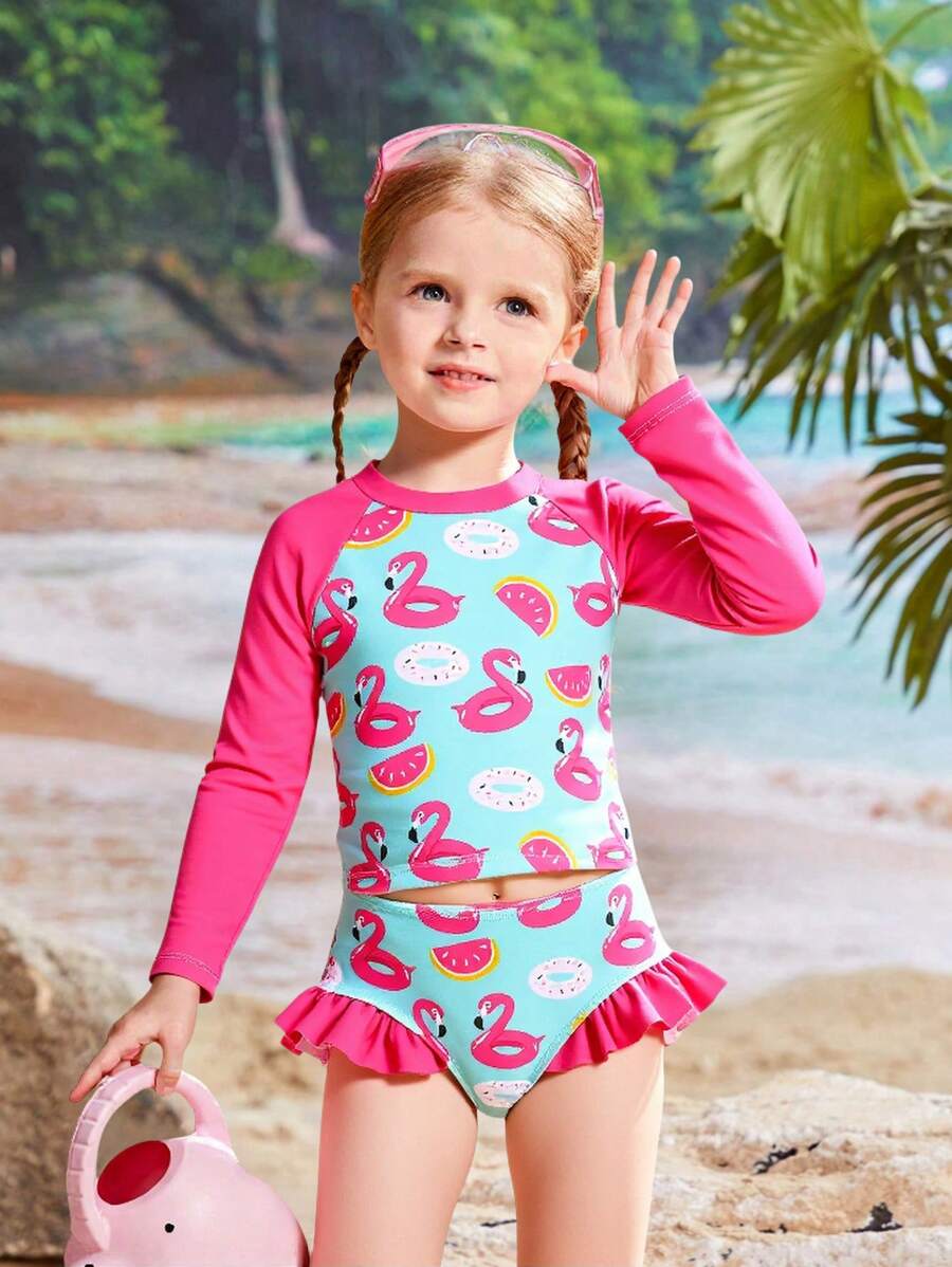 Young Girl Flamingo And Donut Print High Neck Ruffle Trim Tankini Summer Beach,Girls Surf Suit