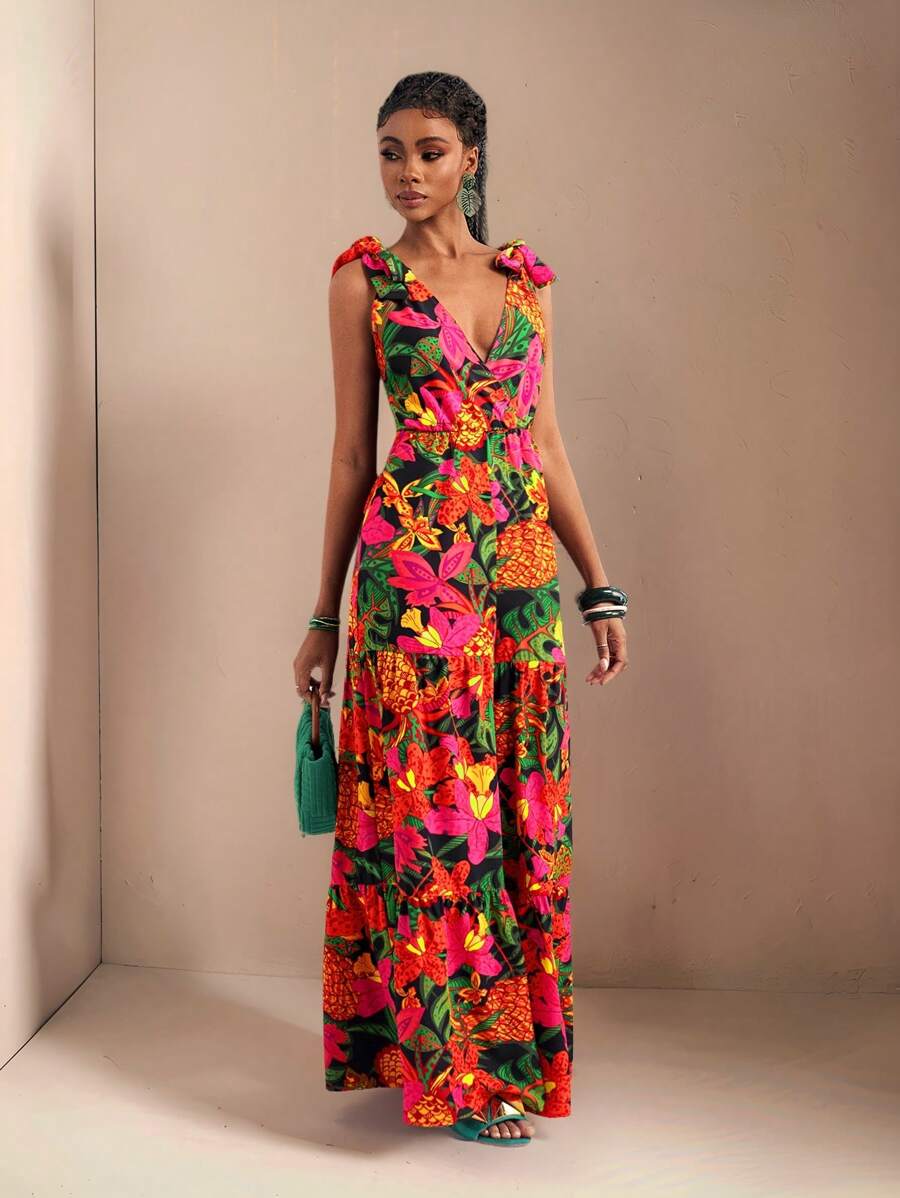 Zivah Mono sin mangas con estampado floral y detalle anudado en los hombros, estilo de vacaciones para mujer