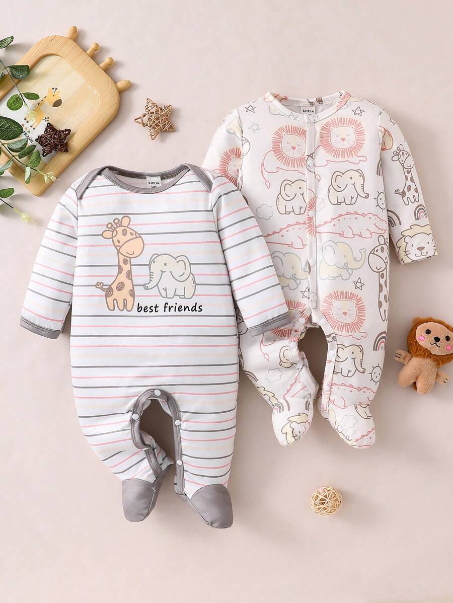 2pcs Newborn Baby Animal & Stripe Print Long Sleeve Footed Romper Pajama Set
