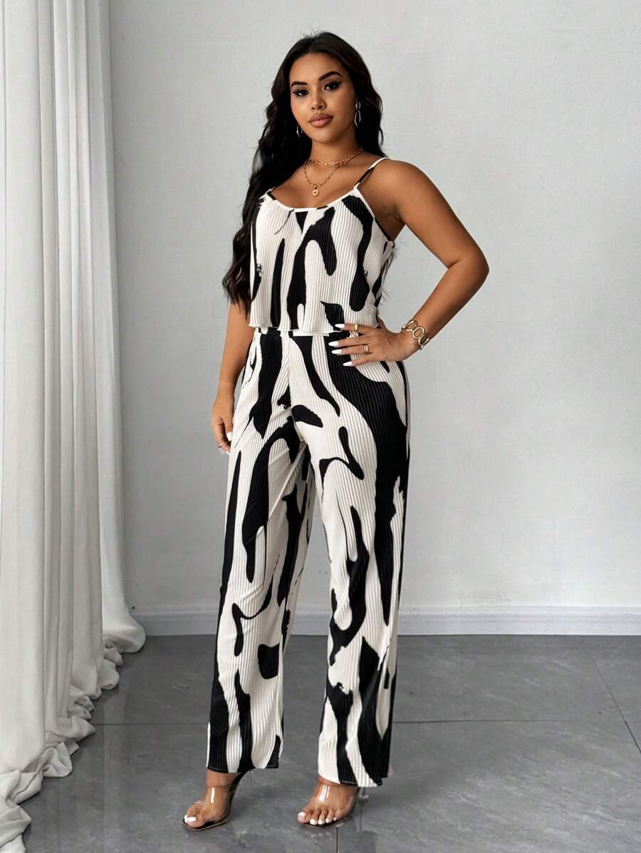 Celure 2pcs/Set Plus Size Women's Black & White Pleated Camisole Top And Casual Pants