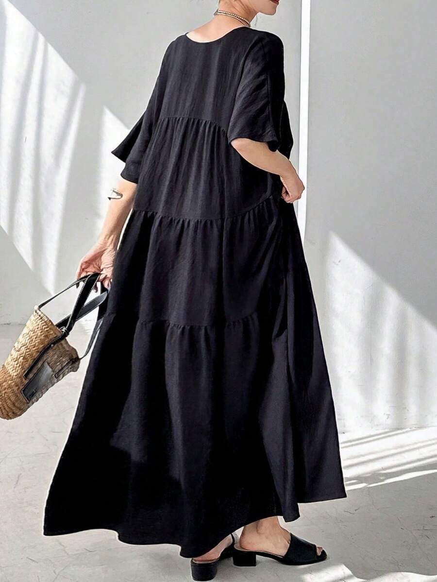 FRIFUL Women's Black Loose A-Line Dress, V-Neck Dolman Sleeve, For Summer,Ruffle