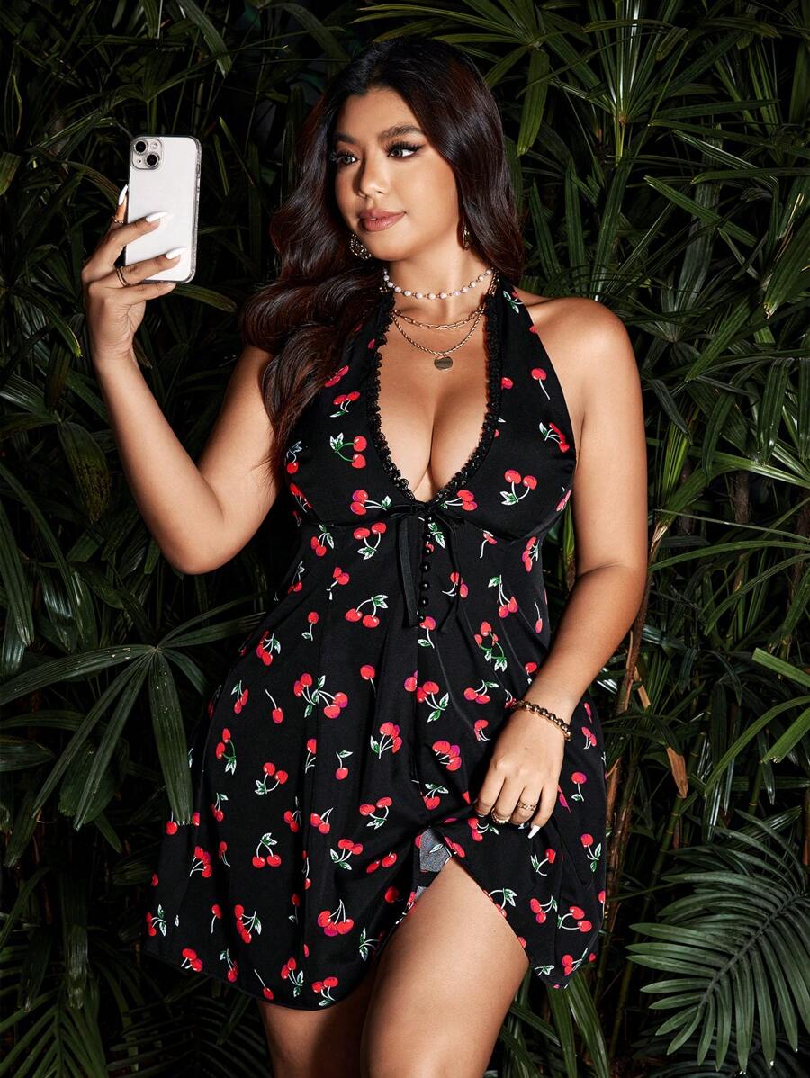 Sunnyshic Plus Size Jacquard Cherry Bowknot Dress