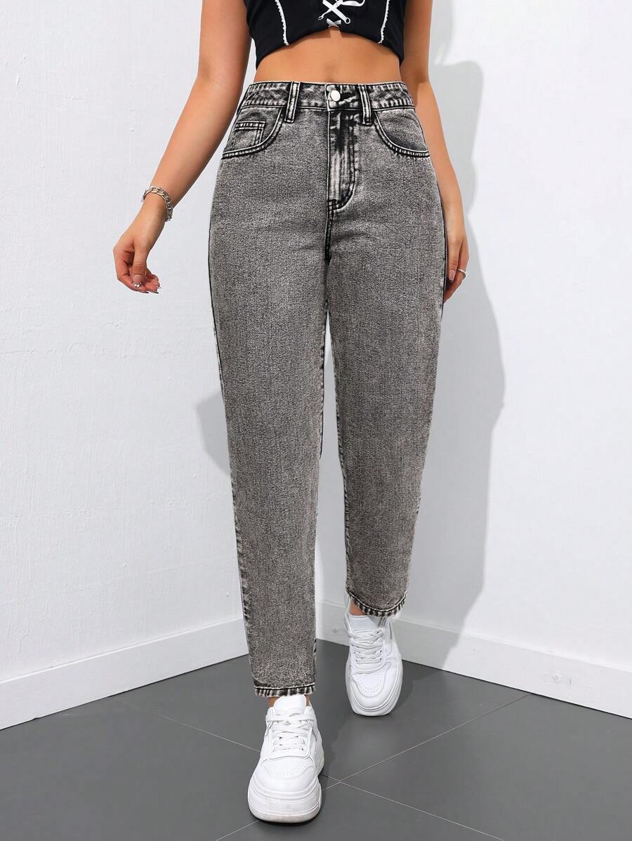 SHEIN Tall High Waisted Women's Denim Tapered Pants, Minimalist Fashion Suitable For Summer