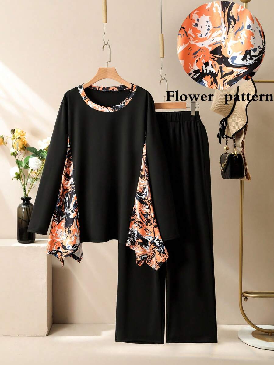 Lacomfia 2pcs Plus Size Colorblock Print Asymmetrical Top And Pants Set