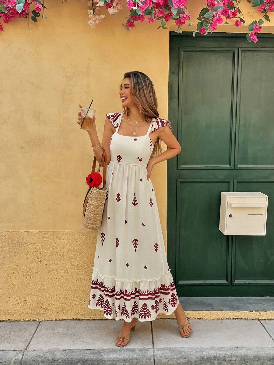 Calvaya Abito da donna senza maniche con ruches multi-strato e stampa floreale bohémien