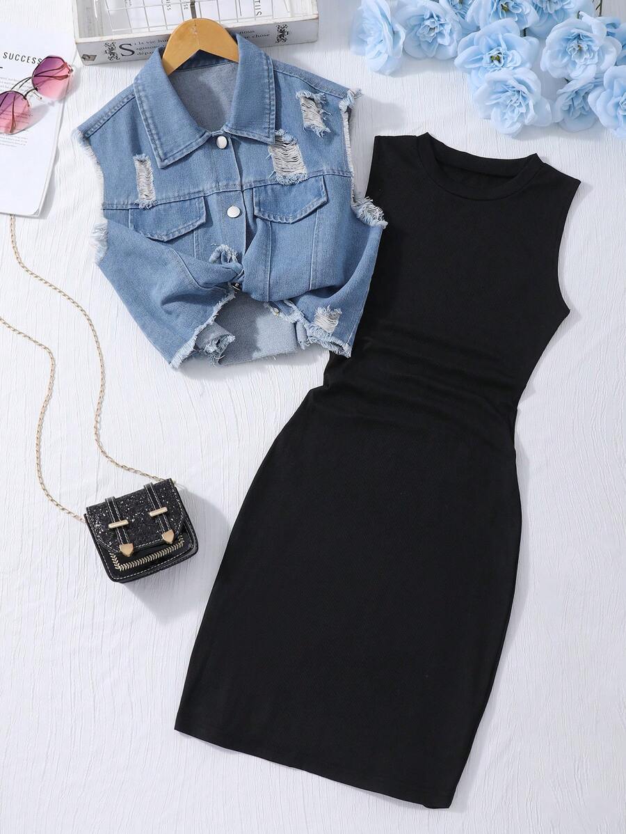 2pcs/Set Teenage Girls: Black Knitted Camisole Dress + Distressed Denim Vest, Commute Daily Wear Summer Holiday