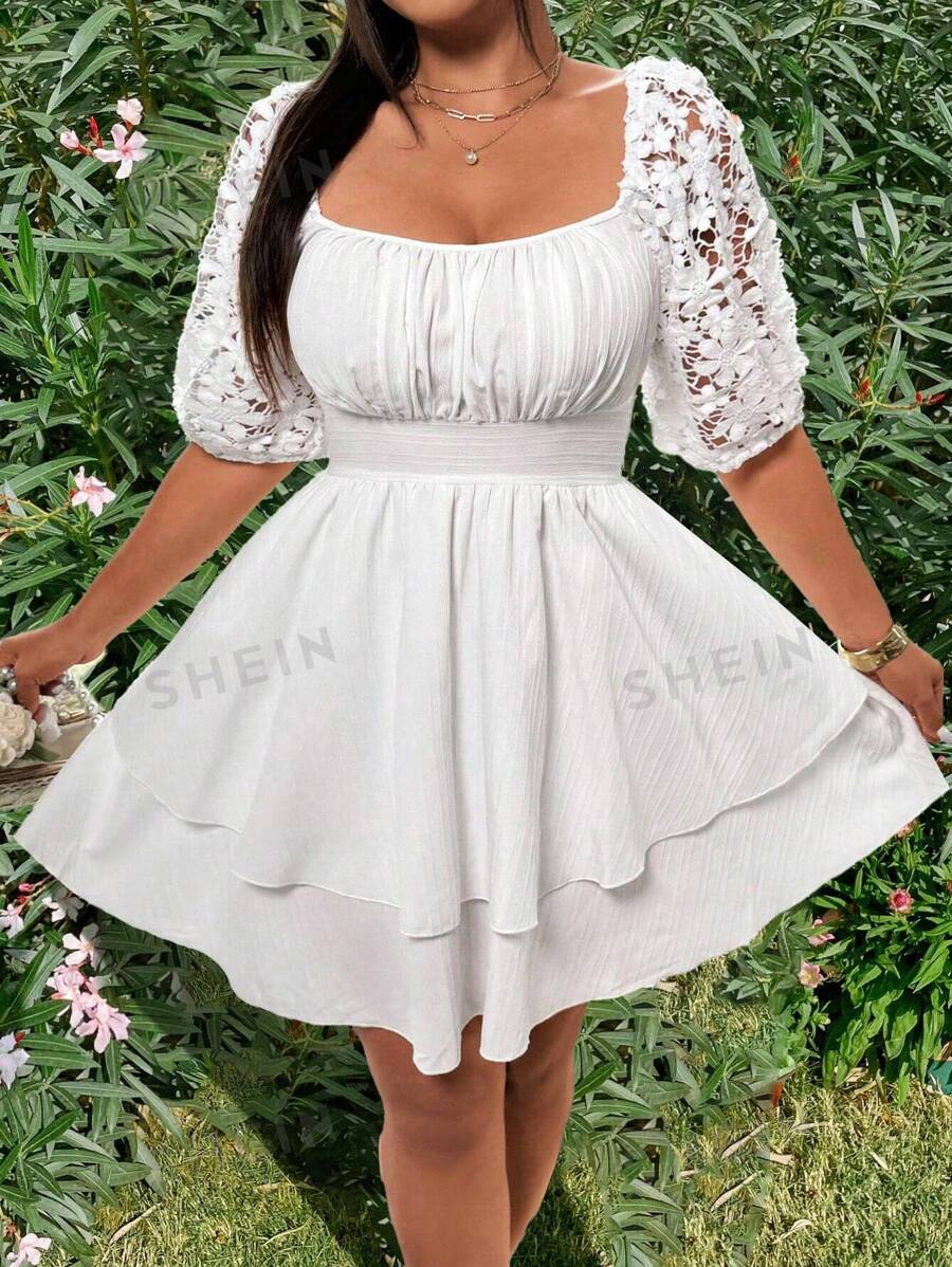 Sunnyshic Vestido de fiesta de boda de largo hasta la rodilla, de cuello cuadrado, ajustado, con parches de encaje blanco y volantes en la Bottom, elegante y casual, para invitados de boda en resorts, tallas grandes