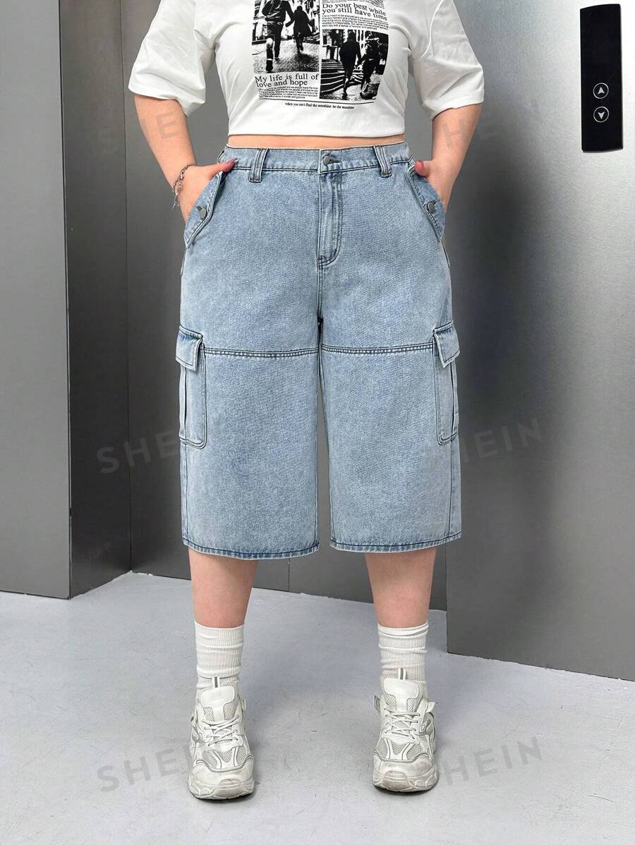 SHEIN EZwear Pantalones vaqueros holgados y de pierna ancha con bolsillo de carga para mujer de talla grande