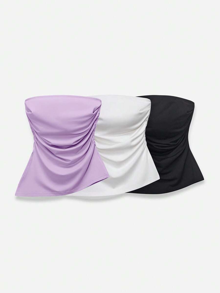 SHEIN EZwear Set de 3 tops bandeau de moda con volantes de unicolor para mujeres