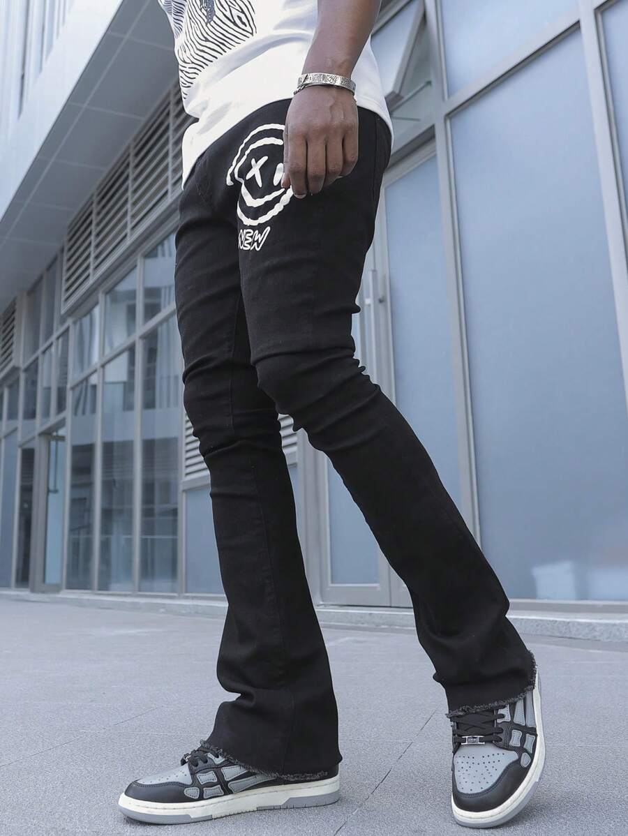 Manfinity EMRG Men's White Washed Denim Loose Gothic Letter Printed Flared Pants, Street Style