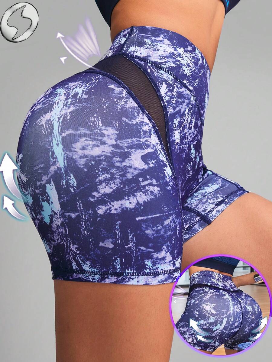 Innovista Women's Tie-Dye Marble Print High Waist Yoga Shorts With Mesh Panel Detail For Gym Workout