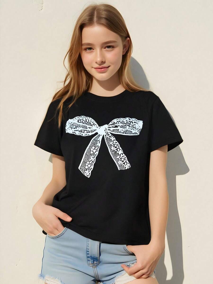 Girls' Casual Bow Print Short Sleeve Round Neck Top