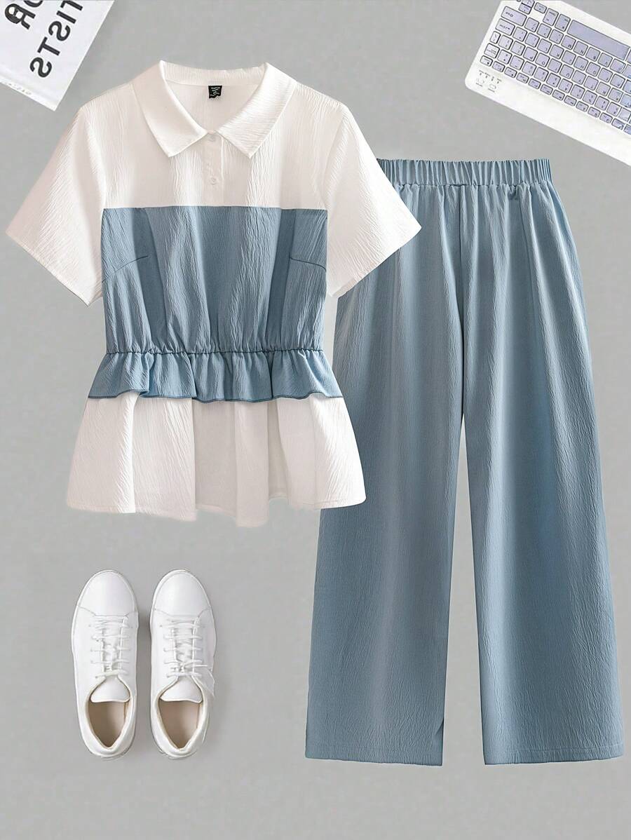 SHEIN Essnce Plus-Size Women's Casual Comfort Suit, Women's Summer Two-Piece Suit, Short Sleeve Suit, Blue Suit,Vacation Two Piece Set Summer Outfits For Women